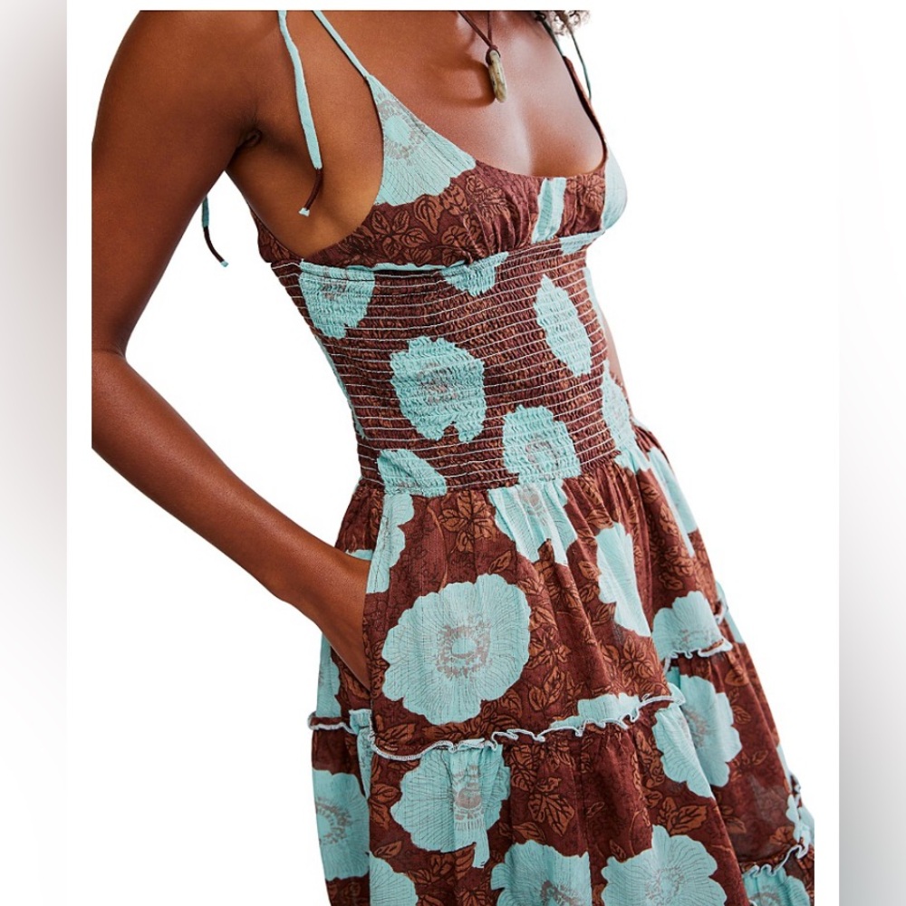 Free People Brown and Aqua Blue Floral Tiered Midi Dress Size M - Picture 4 of 8